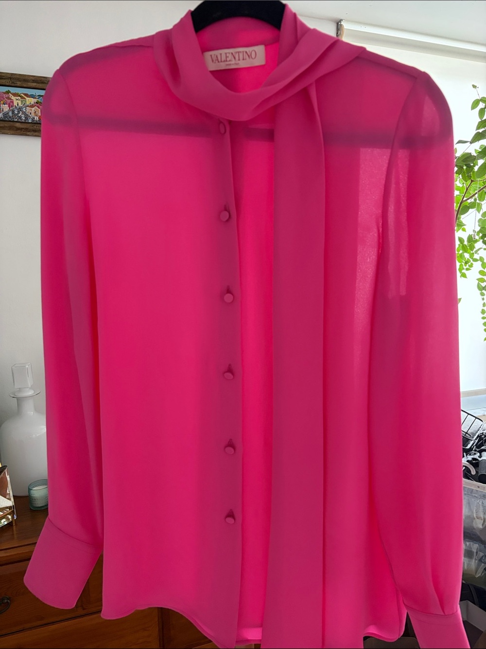 Valentino Fuchsia Tie-Neck Silk Blouse